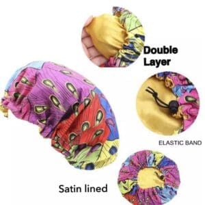 Regular Size- African Print Double Layer Satin-lined Hair Bonnet with Adjustable Elastic Band