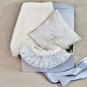 Bride All Box - with brides hood, garter, cufflinks, ivory silk lace trim ring cushion.