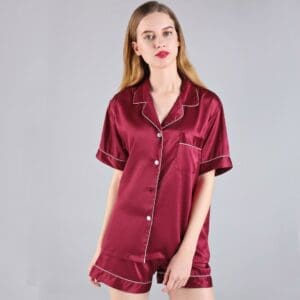 Matte Silk Satin Short sleeve Top & Short Nightwear Set ( Red Burgundy)