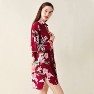 Floral Cotton Sleep Shirt Women Sleep shirts Adjustable Sleeve Nightwear (Burgundy)