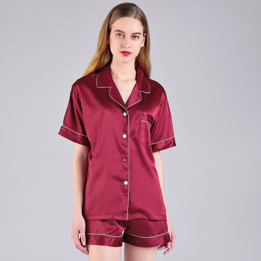 Matte Silk Satin Short sleeve Top & Short Nightwear Set ( Red Burgundy)