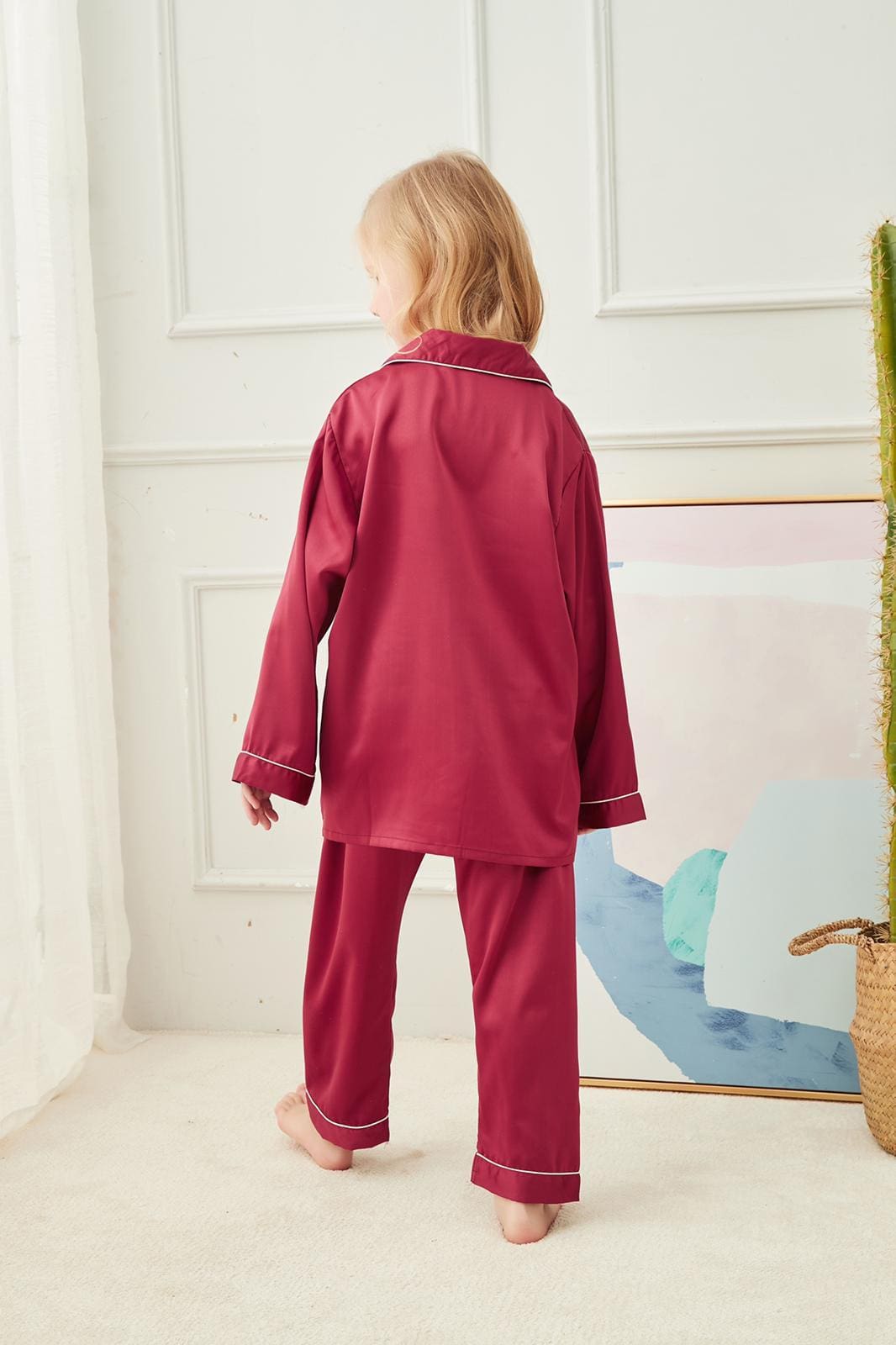 Kids Burgundy satin pyjama set( long sleeve and long pant)