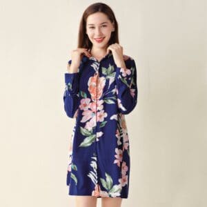 Floral Cotton Sleep Shirt Women Sleep Wear Adjustable Sleeve (Navy) Nightwear
