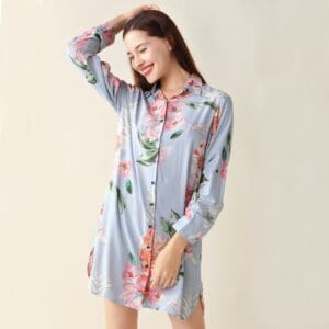 Floral Cotton Sleep Shirt Women Sleep Wear Adjustable Sleeve (Dusty Blue) Nightwear