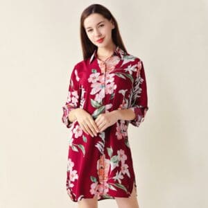 Floral Cotton Sleep Shirt Women Sleep shirts Adjustable Sleeve Nightwear (Burgundy)