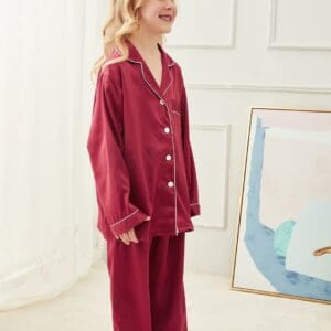Kids Burgundy satin pyjama set( long sleeve and long pant)
