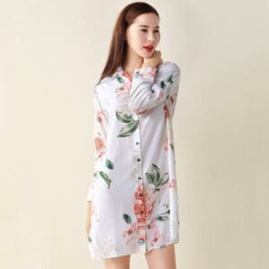 Floral Cotton Sleep Shirt Women Sleep Wear ( white) Adjustable Sleeve