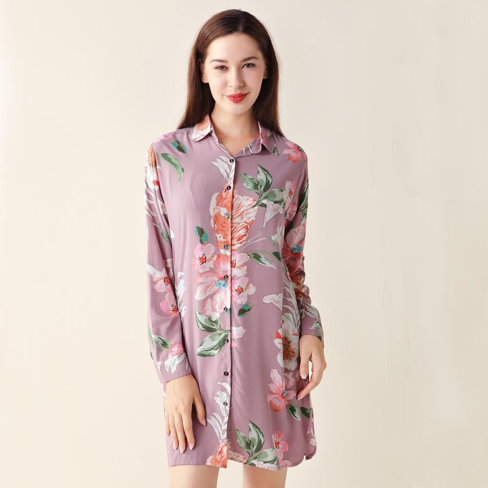 Floral Cotton Sleep Shirts Women Sleep Wear Adjustable Sleeve Nightwear (mauve)