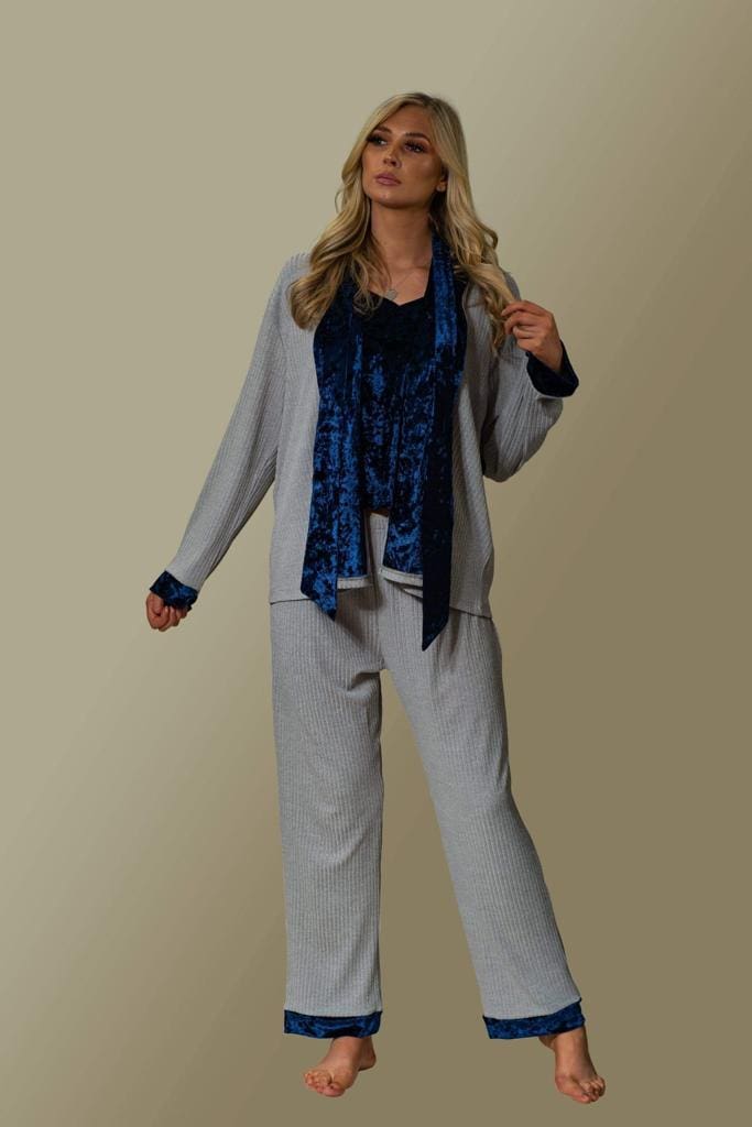Elegant Luxury ladies pyjamas / Lounge wear set, 3 piece ( grey and blue)