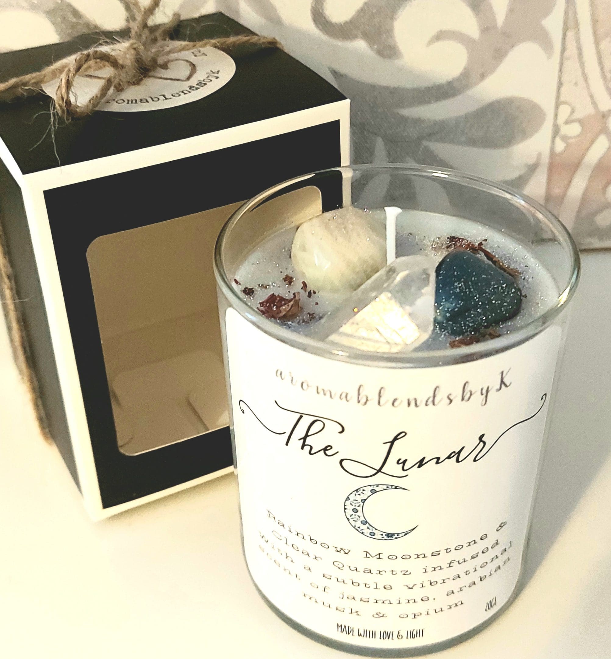 Lunar Candle with Moonstone, candles, crystal candles, wakuda candles, black owned candles