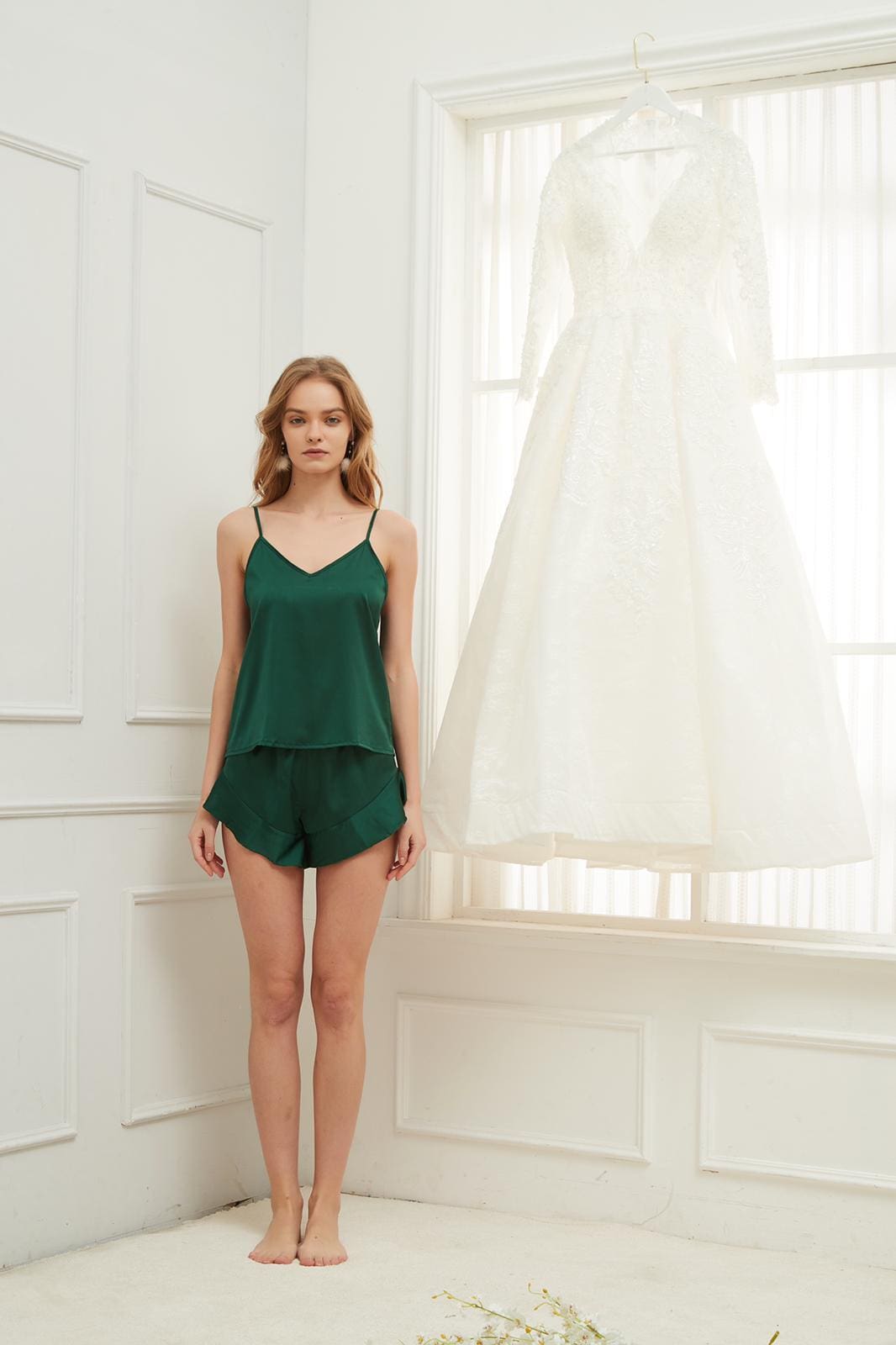 Luxury Cami Set, Cute Ruffle Design Cut On Short Sexy Nightwear/ Sleepwear ( Forest Green)