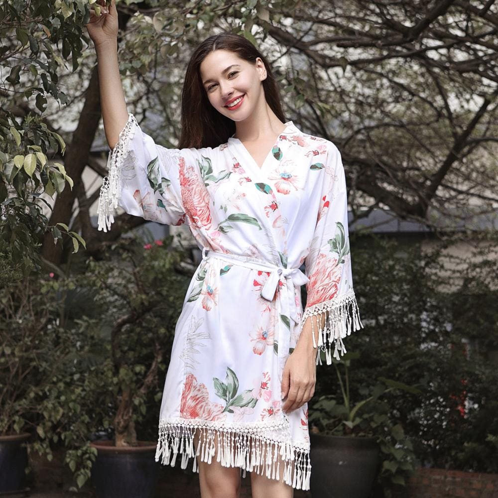 Tassel Cotton Versatile Floral Print Robe, Holiday, Summer, Homewear