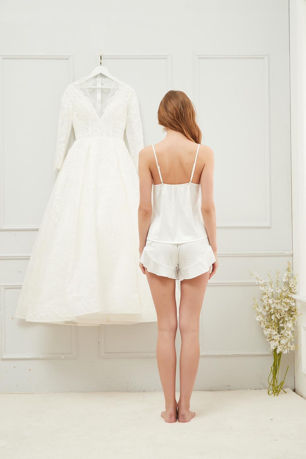 Luxury Cami Set, Cute Ruffle Design Cut On Short Sexy Nightwear/ Sleepwear (white)