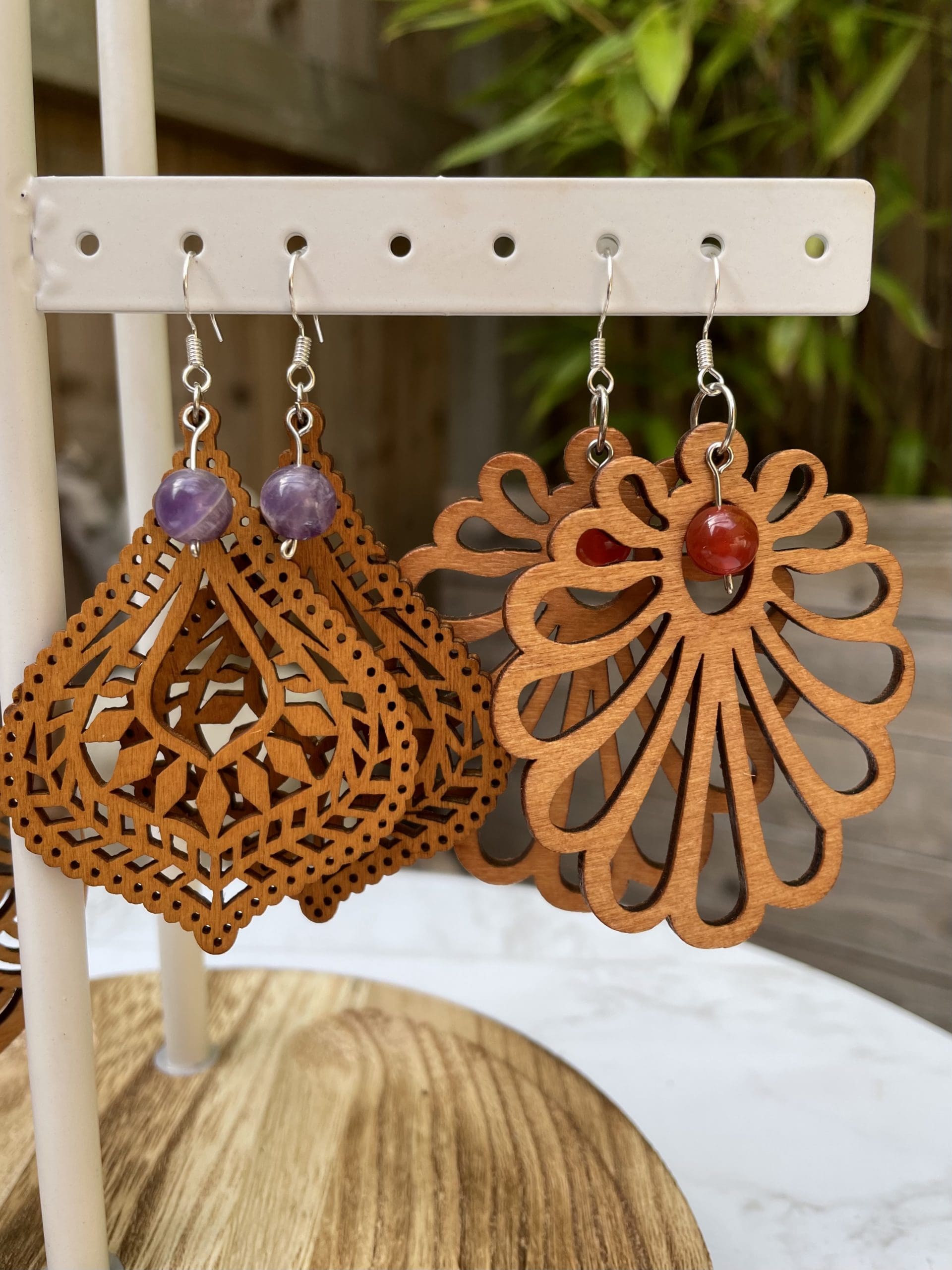 Bohemian Crystal adorned Wooden Drop Design Earrings