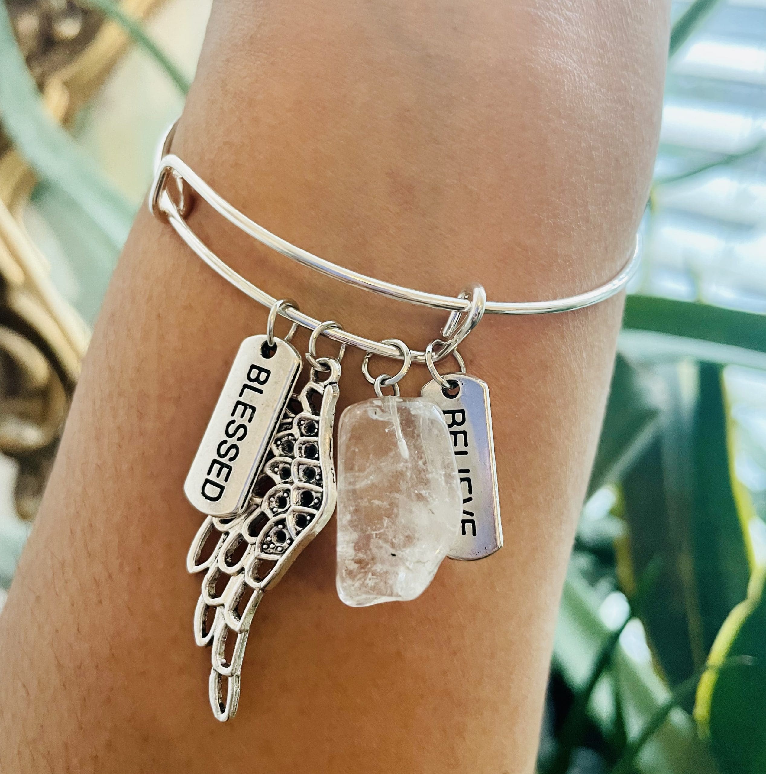 Crystal Bangle with affirmation tags Clear Quartz