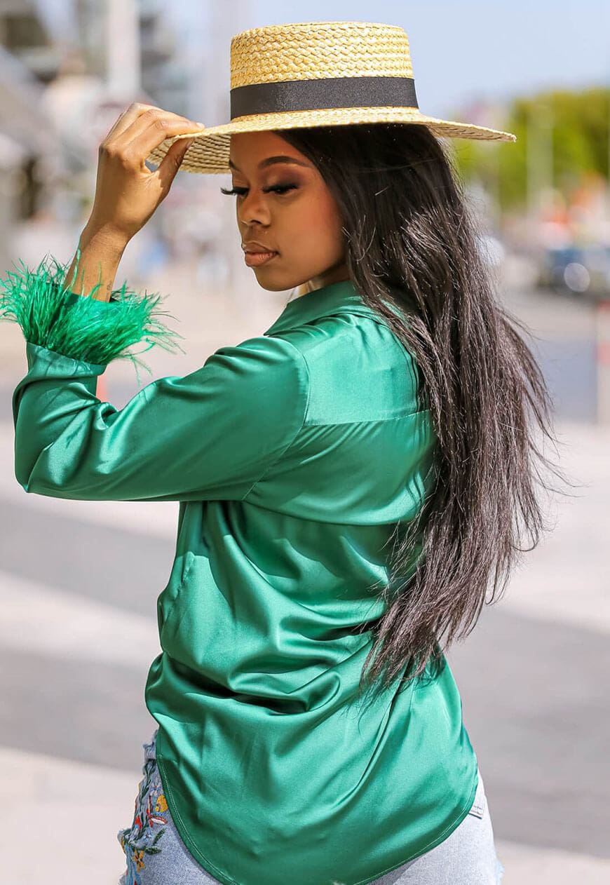 Feather Trim Green Blouse
