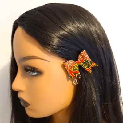 Hair Bow in African Wax Print and Bronze Glitter Fabric