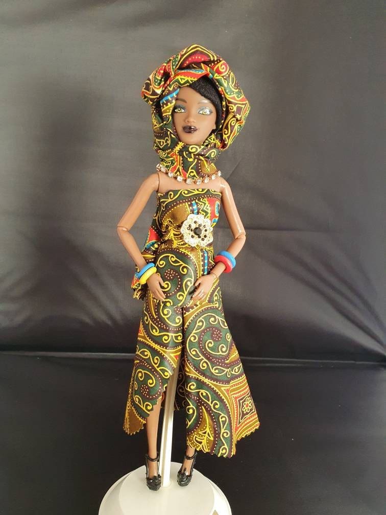 Beautiful Black African Jamaican Ethnic Customised Doll with Brown Skin and African print clothes and matching Hijab