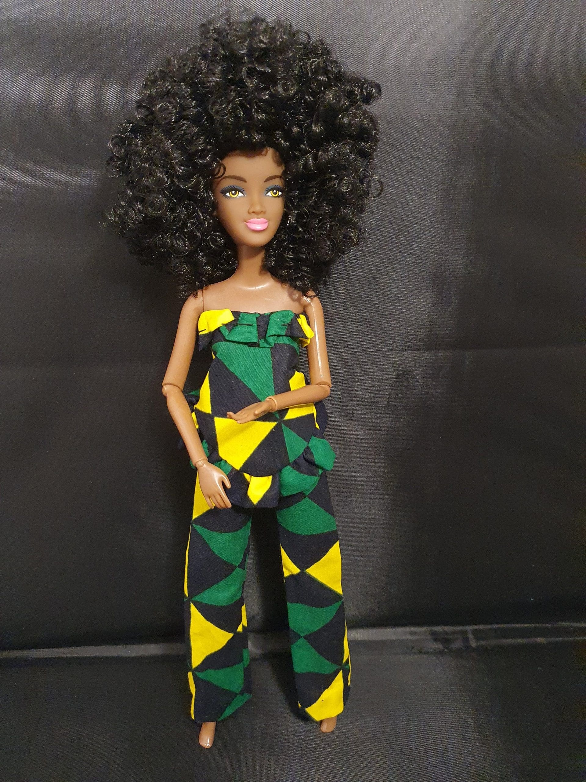 Beautiful Black African Jamaican Ethnic Doll with Brown Skin and Afro Hair wearing Handmade African Print  Clothes Jamaican Print