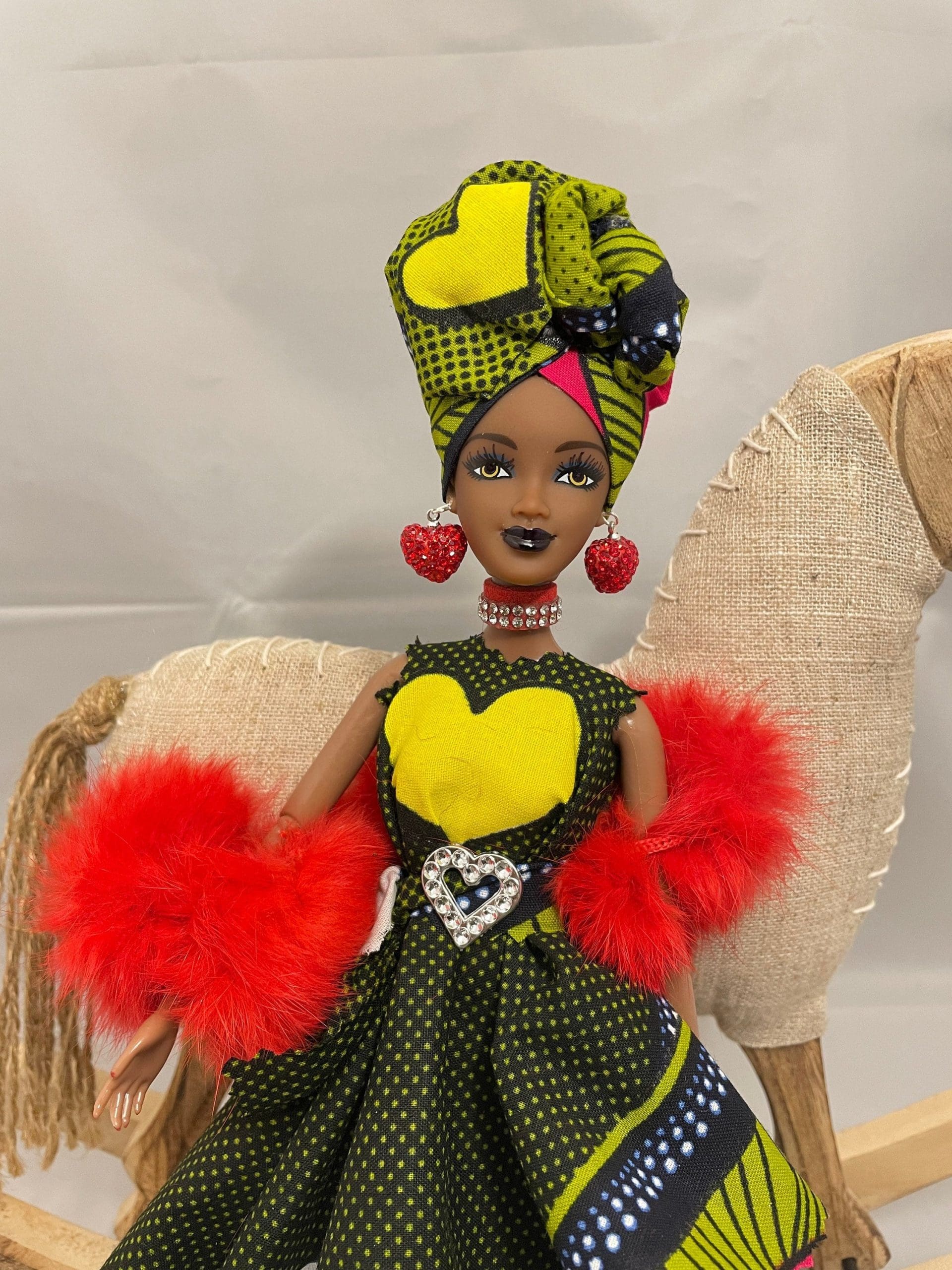 Black Barbie Doll | Love heart Valentine’s Day | Handmade Print Clothes Dress | African American Jamaican | Afro Hair |Dark Skin TafariDolls