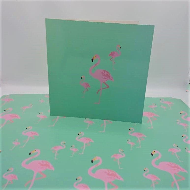 Luxury Greeting Card & Gift Wrap Set - Flamingo