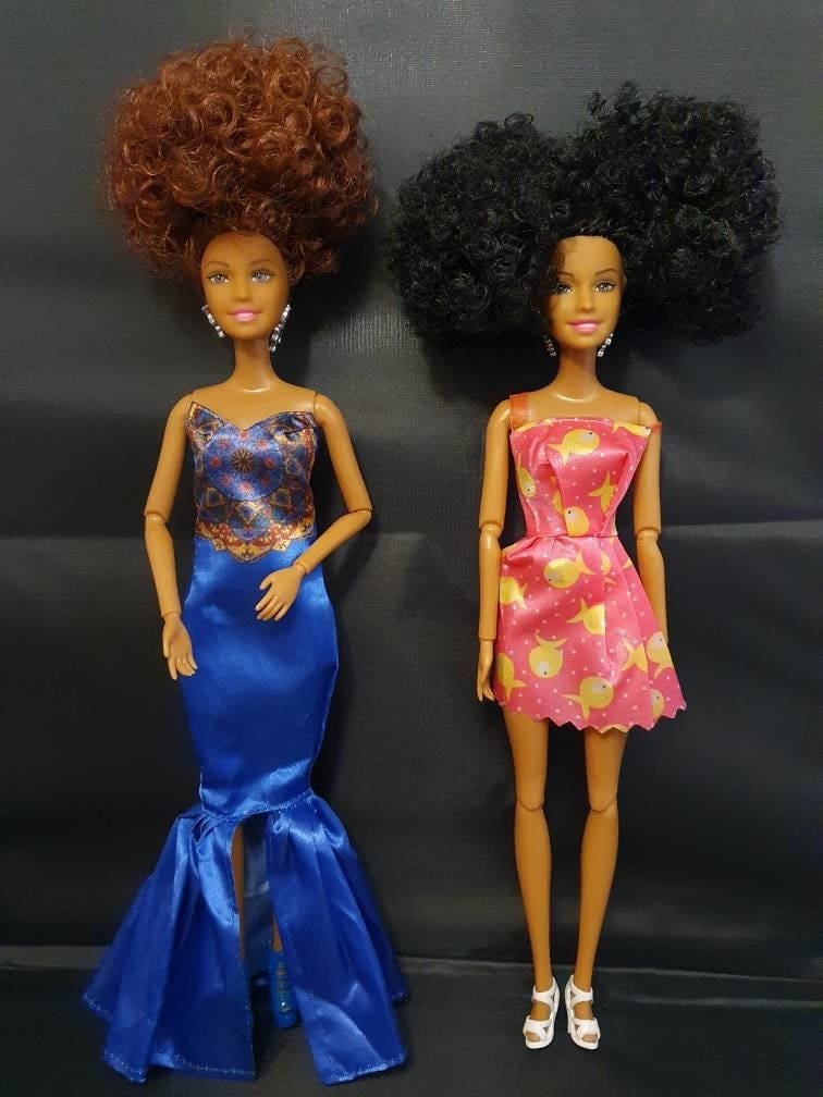 Black Barbie Doll | Mixed Race Light Skin | African American Jamaican Caribbean | Afro Ethnic Hair | TafariDolls Blue Dress
