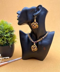 African Print Knotted Necklace and Earrings Set - Brown and Gold