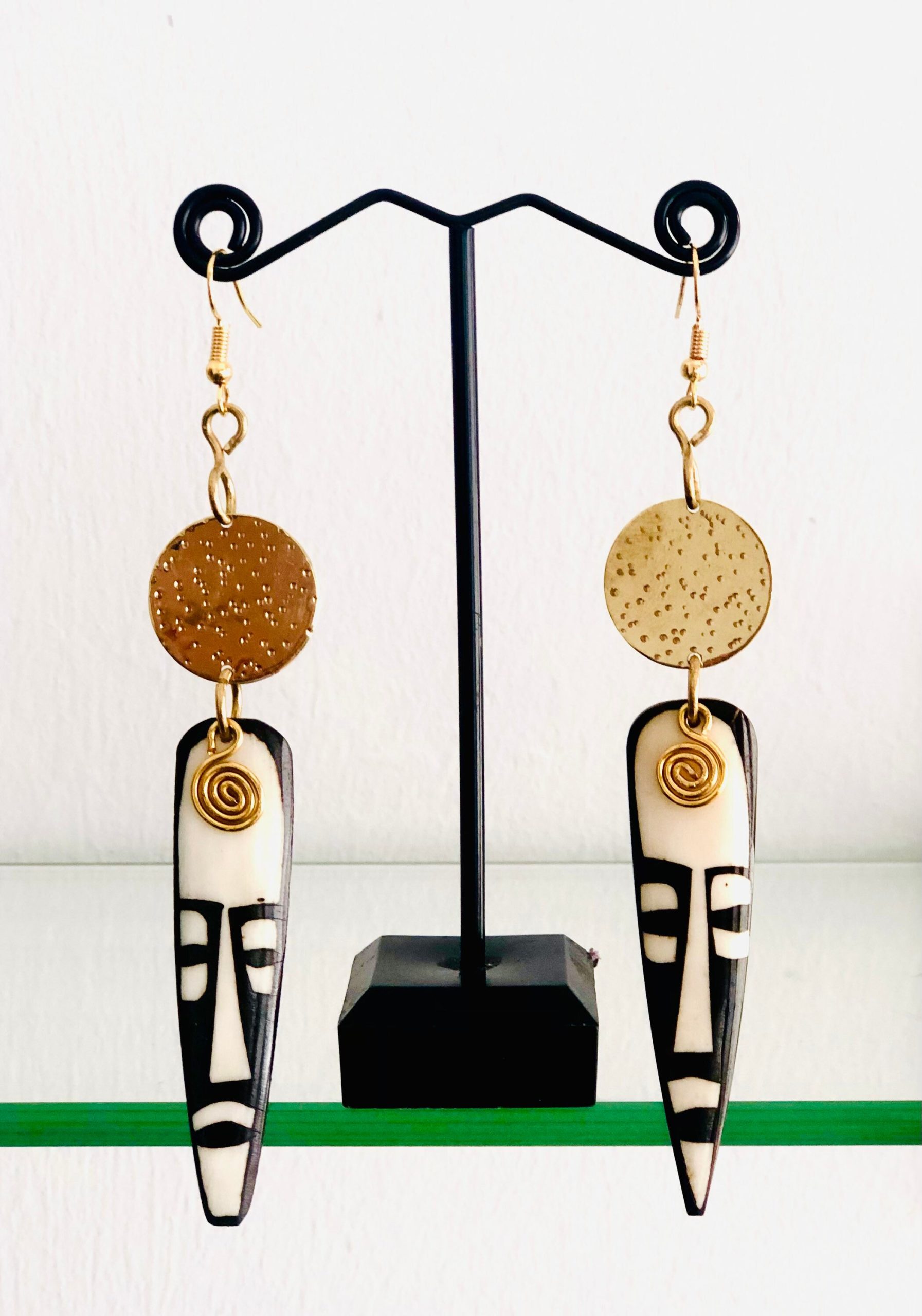 African Bone Brass Earrings with Mask Face