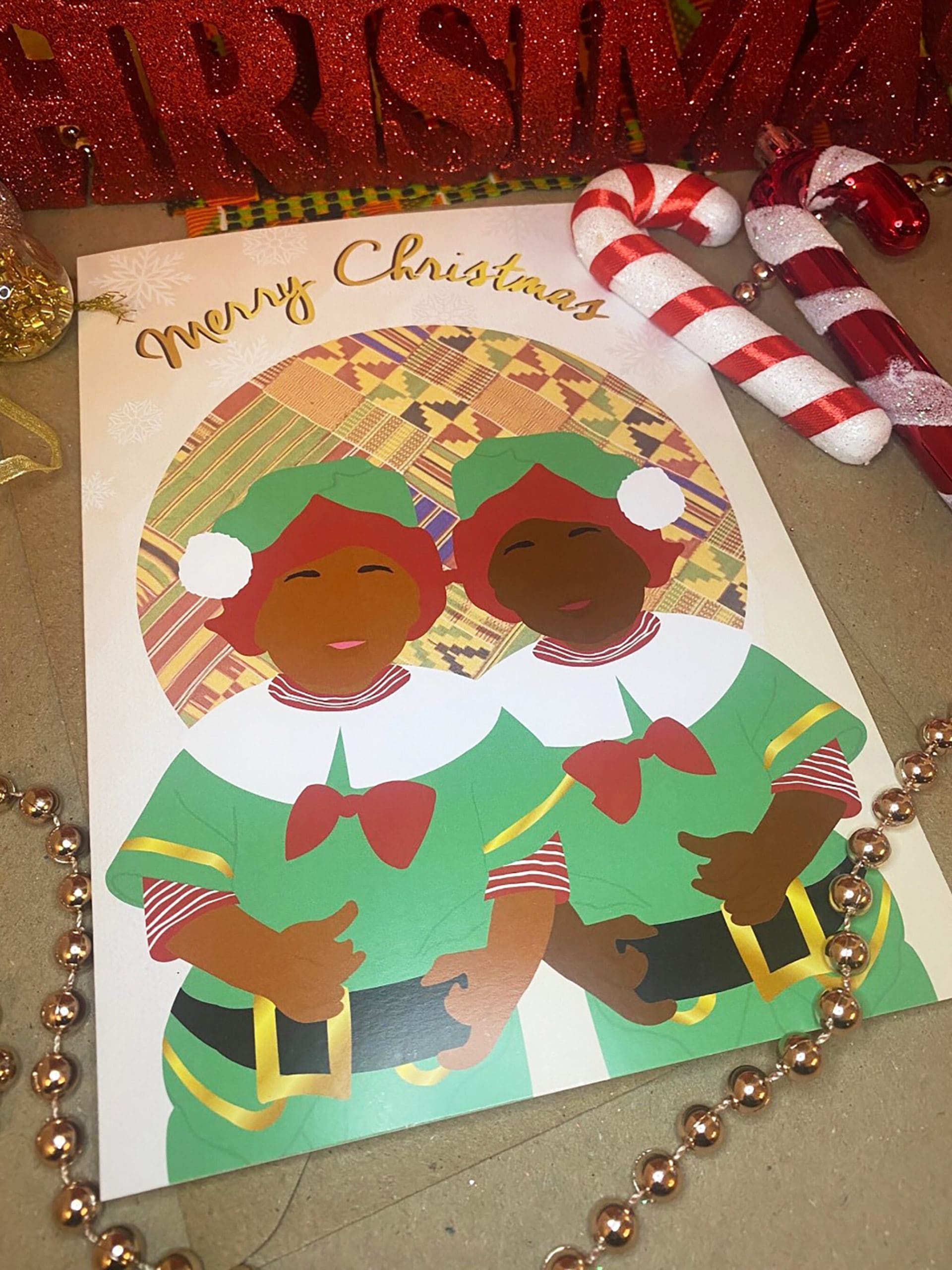 Black Boy Elves Christmas Card