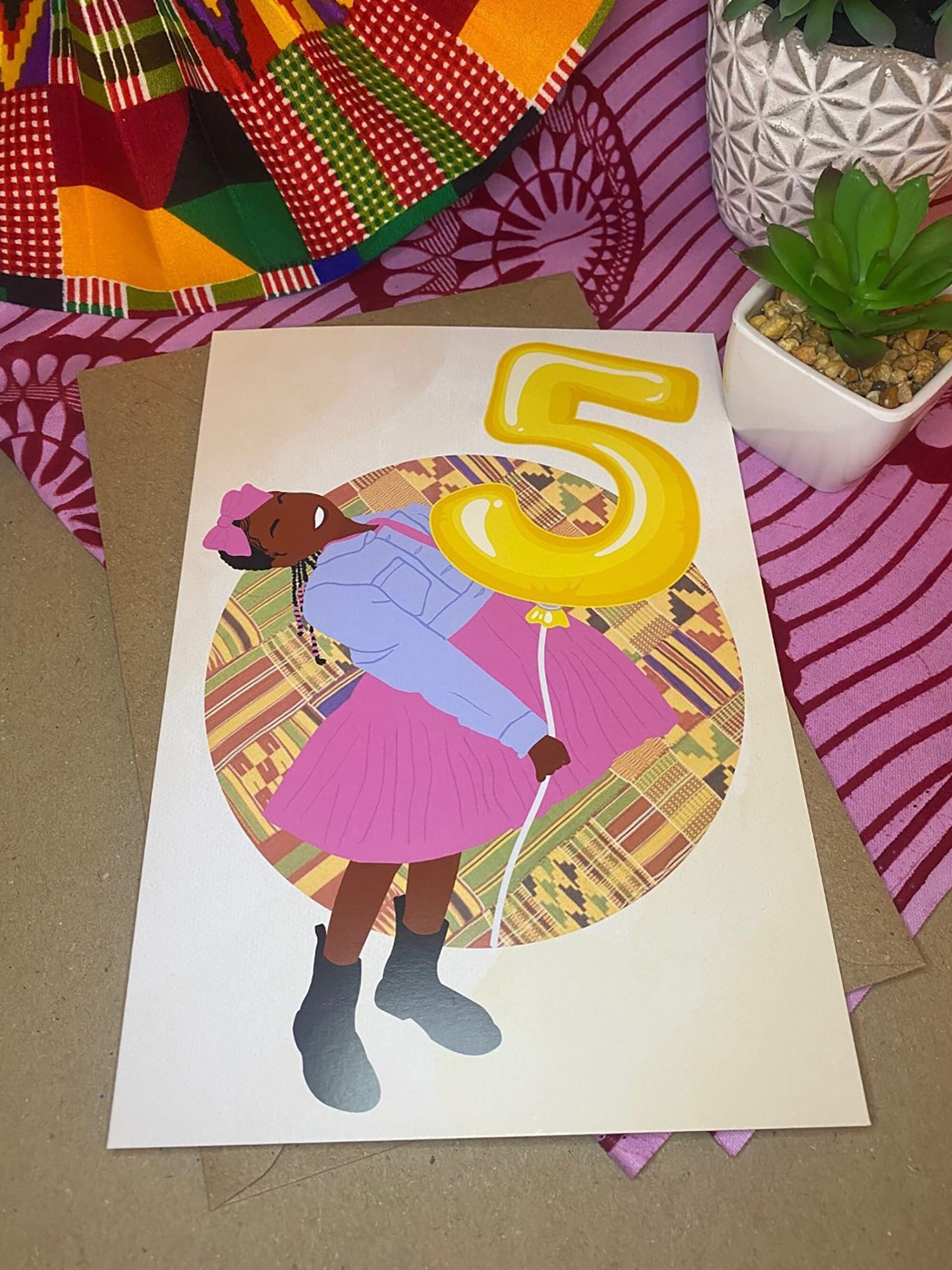Black Girl Age 5 Birthday Card
