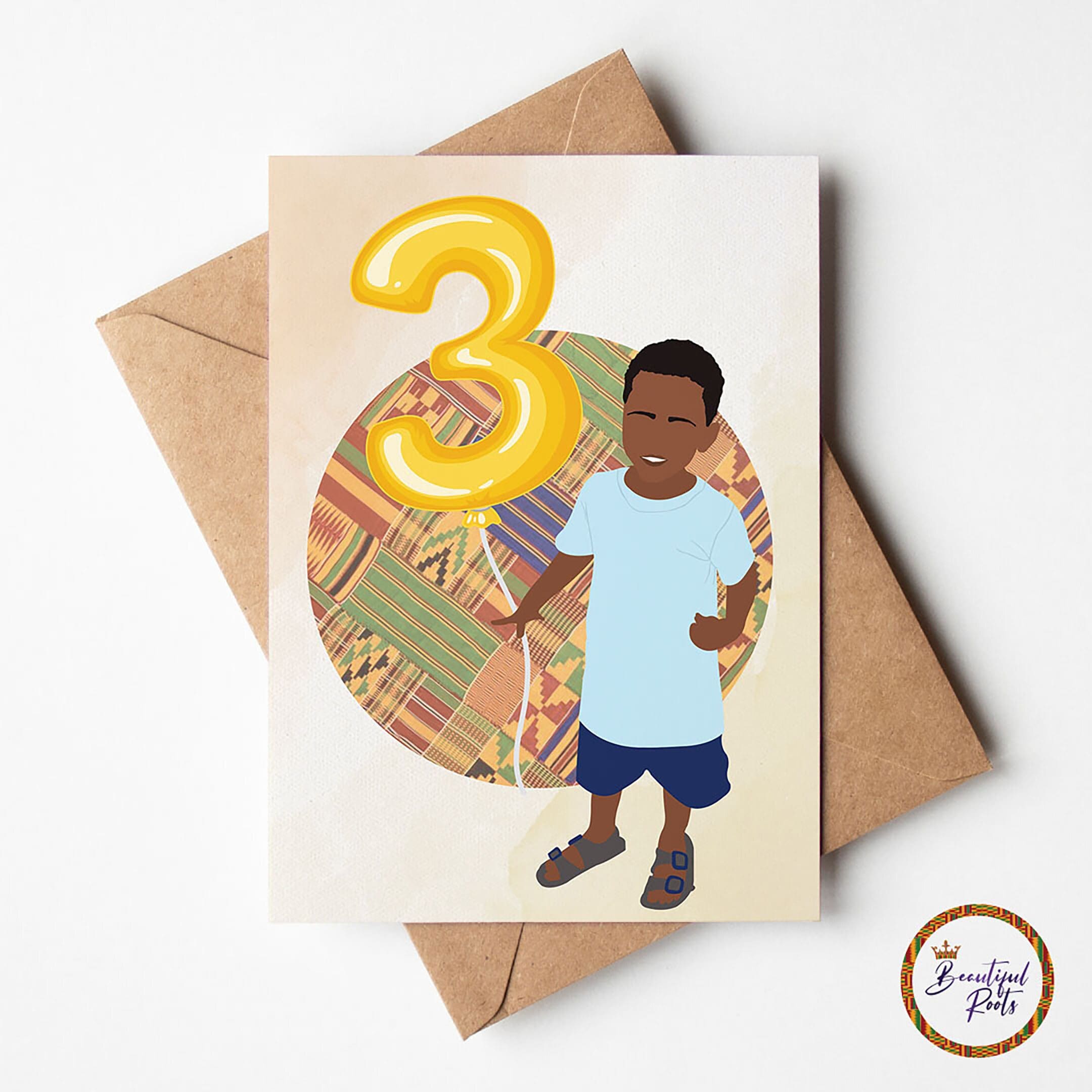 Black / Mixed Race Boy Age 3 Birthday Card