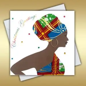 Black woman Christmas card in a one shoulder fabric dress
