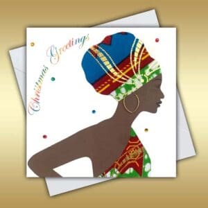 Black woman Christmas card in a one shoulder fabric dress