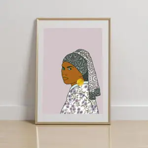 picture in frame on floor. picture description: brown skin woman looks over her shoulder, directly at you. She has a big gold earring and a gold nose ring. She wears a white, grey and pink headscarf and matching jacket. Background is pink. The painting is inspired by Vermeer's Girl with the pearl earring.