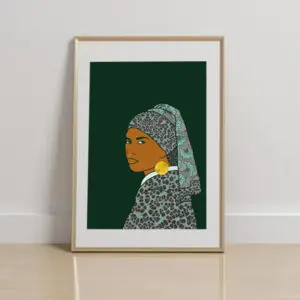 picture in frame on floor. picture description: brown skin woman looks over her shoulder, directly at you. She has a big gold earring and a gold nose ring. She wears a grey and turquoise headscarf and matching jacket. The background is very dark green. The painting is inspired by Vermeer's Girl with the pearl earring.