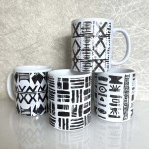 Set of 4 black white mudcloth mugs