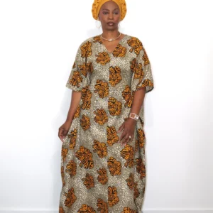 Iyoba Kaftan Elegant African Dress - Orange and Beige Patterned