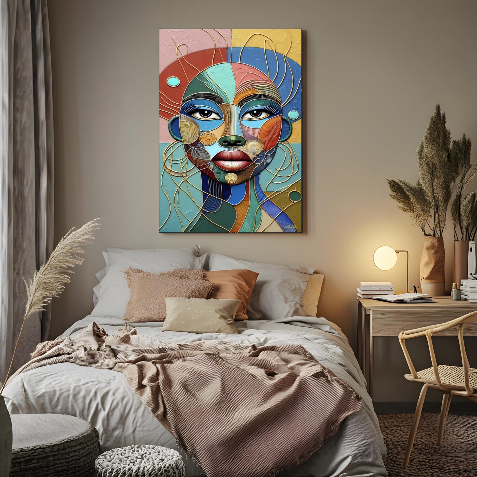il_1588xN.7486772408_74j1 Abstract African Woman Art Print | Gold & Blue Portrait Wall Decor