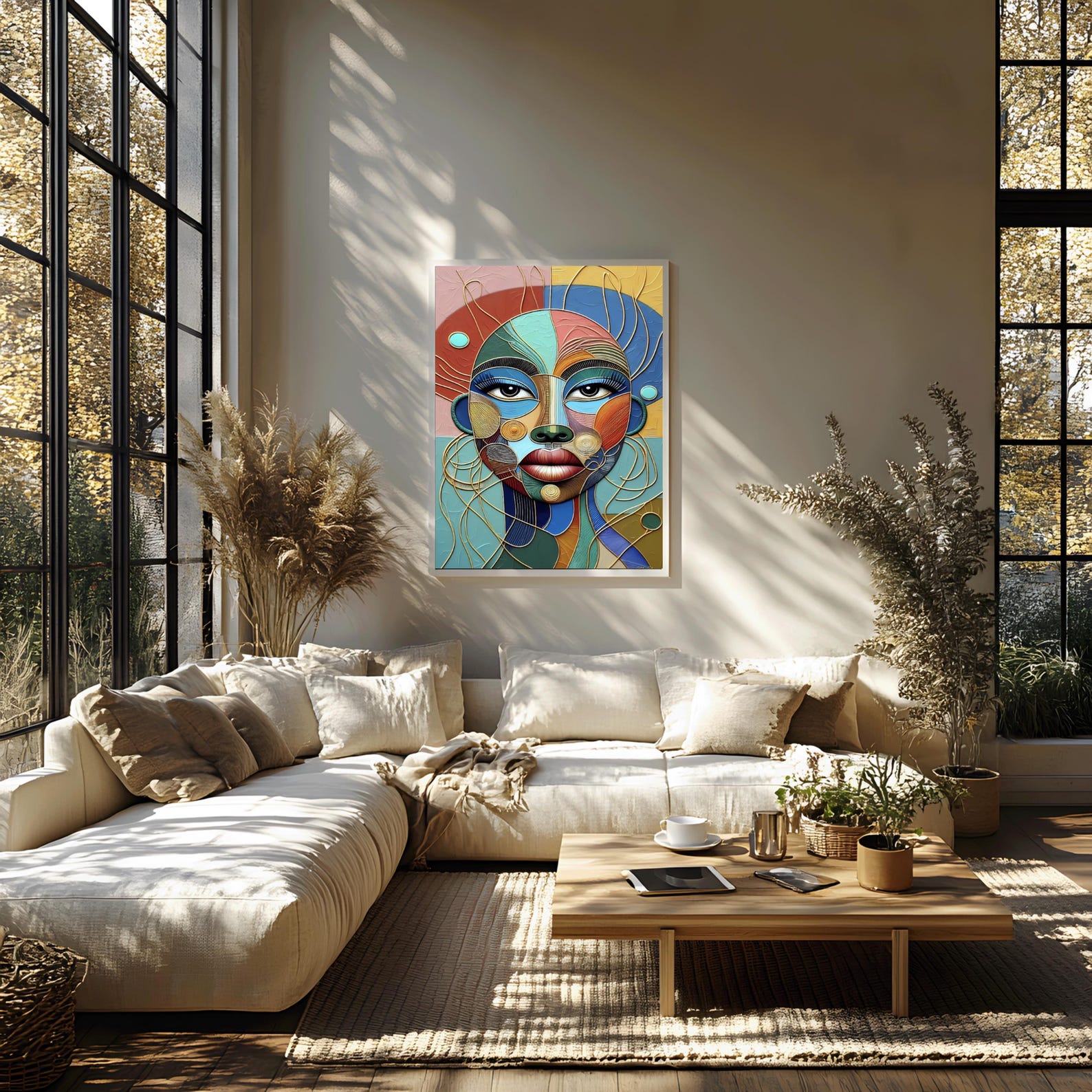 il_1588xN.7486775610_kmin Abstract African Woman Art Print | Gold & Blue Portrait Wall Decor