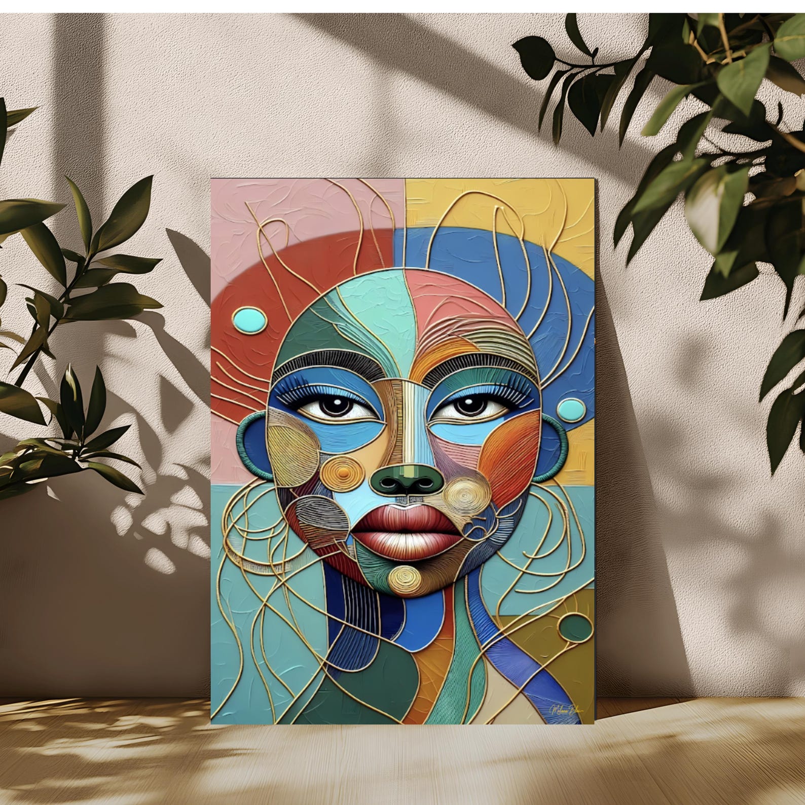 il_1588xN.7486775682_6wk0 Abstract African Woman Art Print | Gold & Blue Portrait Wall Decor