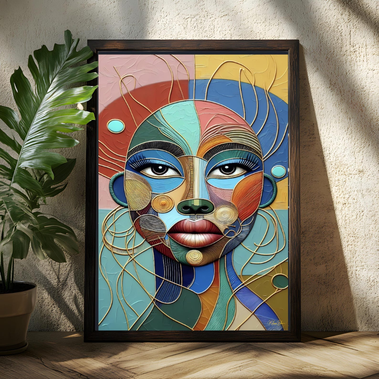 il_1588xN.7486775946_prn7 Abstract African Woman Art Print | Gold & Blue Portrait Wall Decor