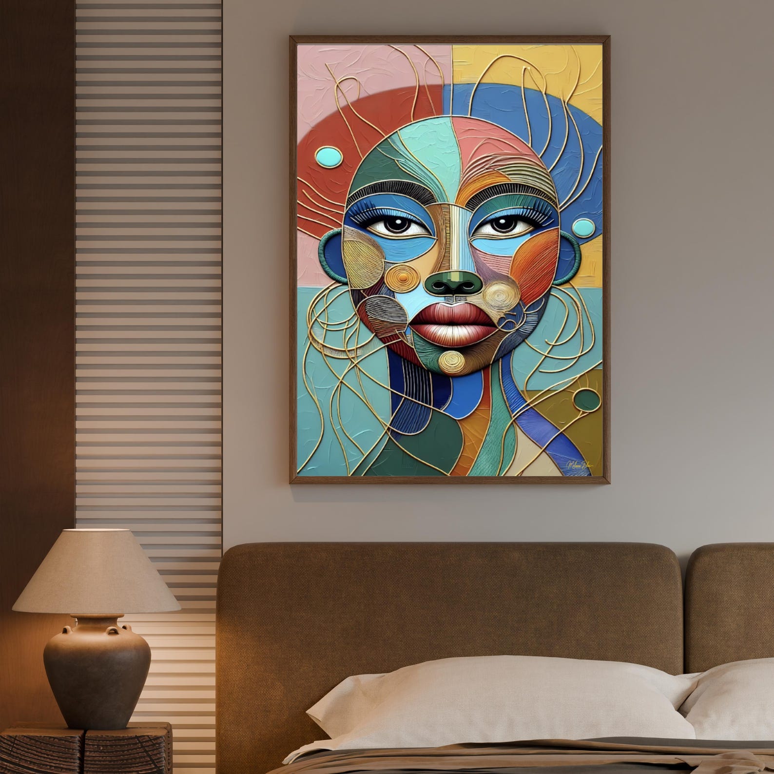 il_1588xN.7486778474_mudf Abstract African Woman Art Print | Gold & Blue Portrait Wall Decor
