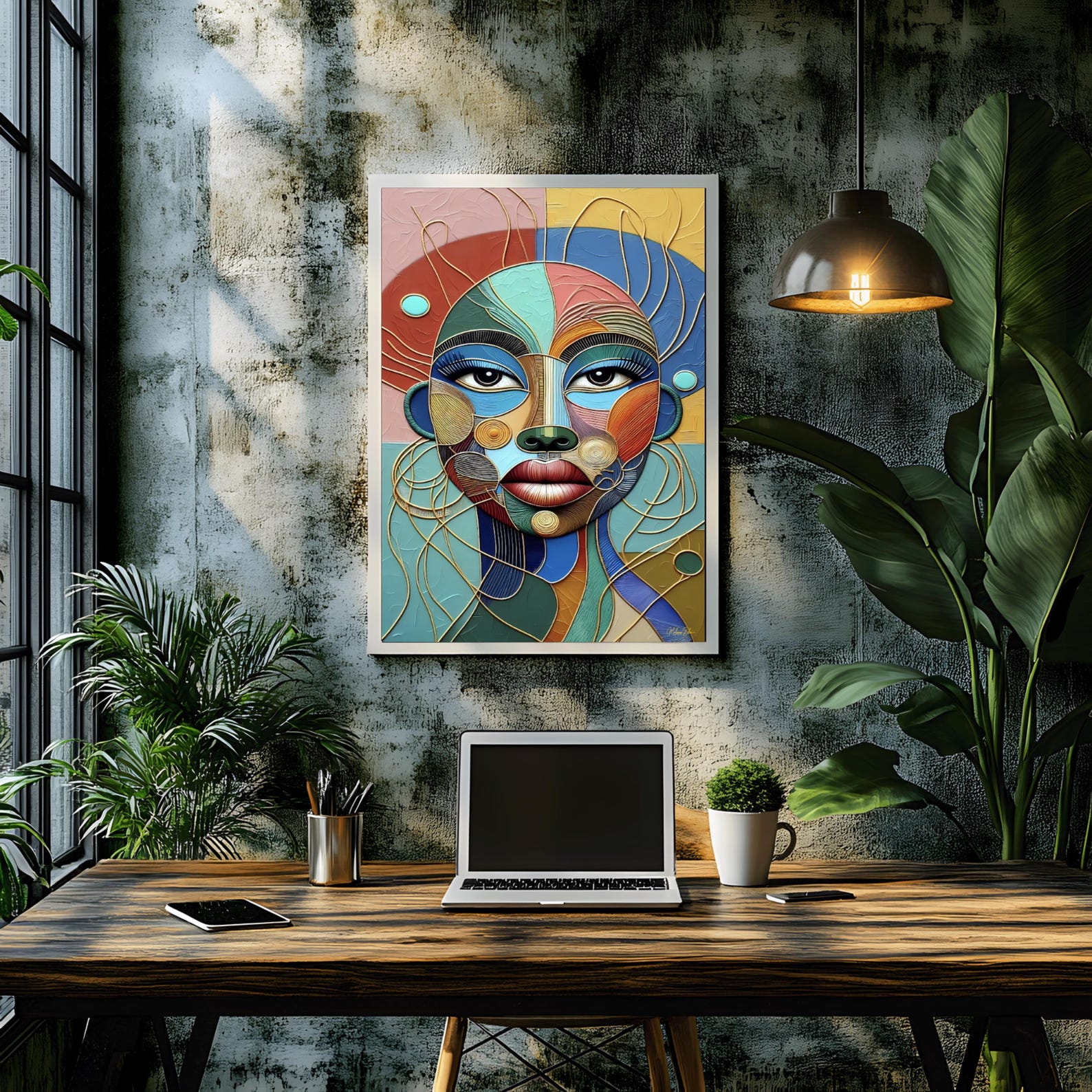 il_1588xN.7486778784_9ov6 Abstract African Woman Art Print | Gold & Blue Portrait Wall Decor