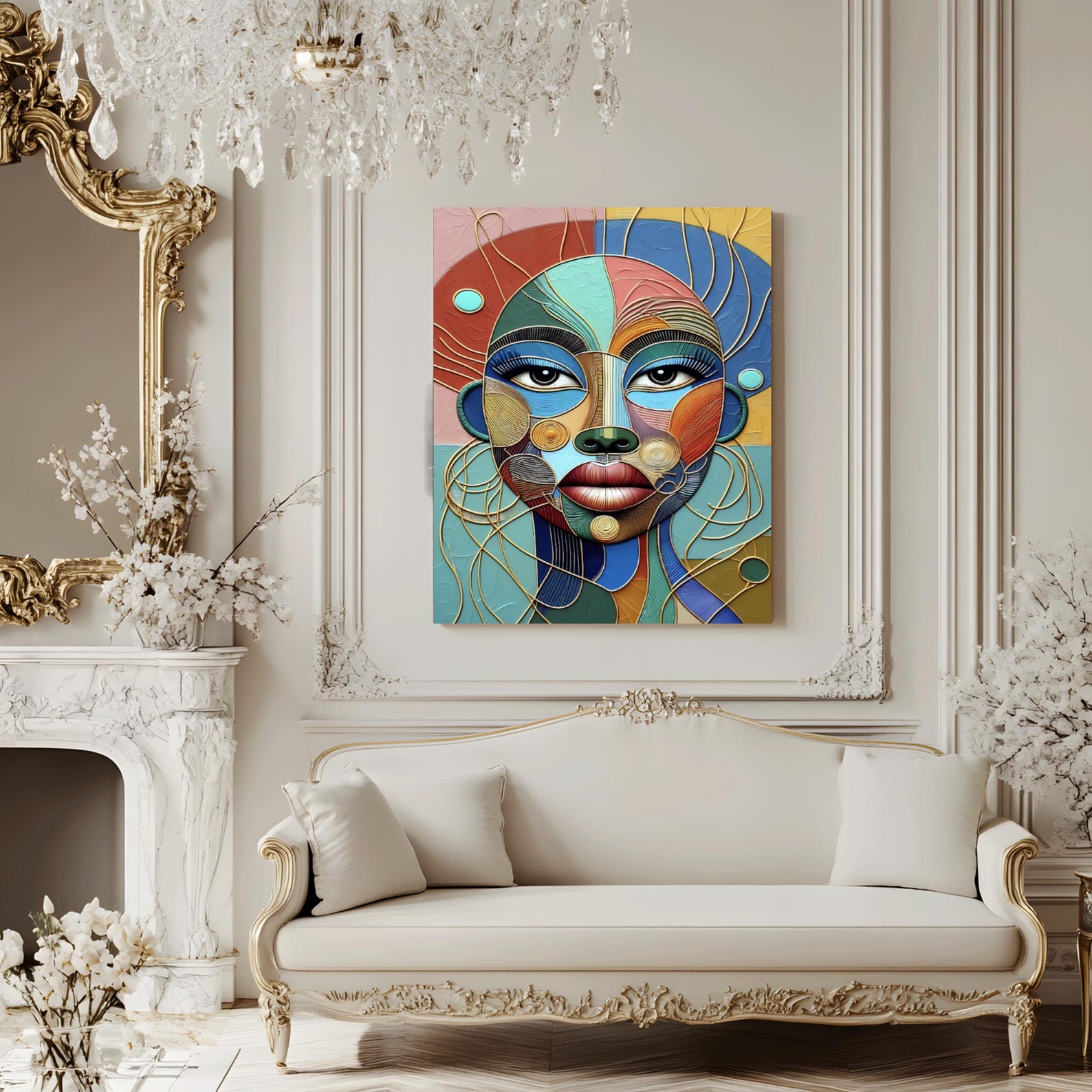 il_1588xN.7534701433_swqb Abstract African Woman Art Print | Gold & Blue Portrait Wall Decor