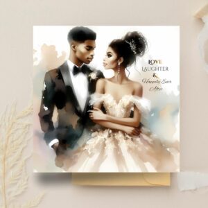 Black Couple Wedding Card: Bride & Groom Illustration, Luxury Newlywed Gift