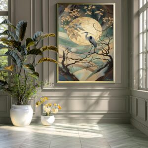 Flying Cranes Japanese Art Print Sage Green Zen Wall Art