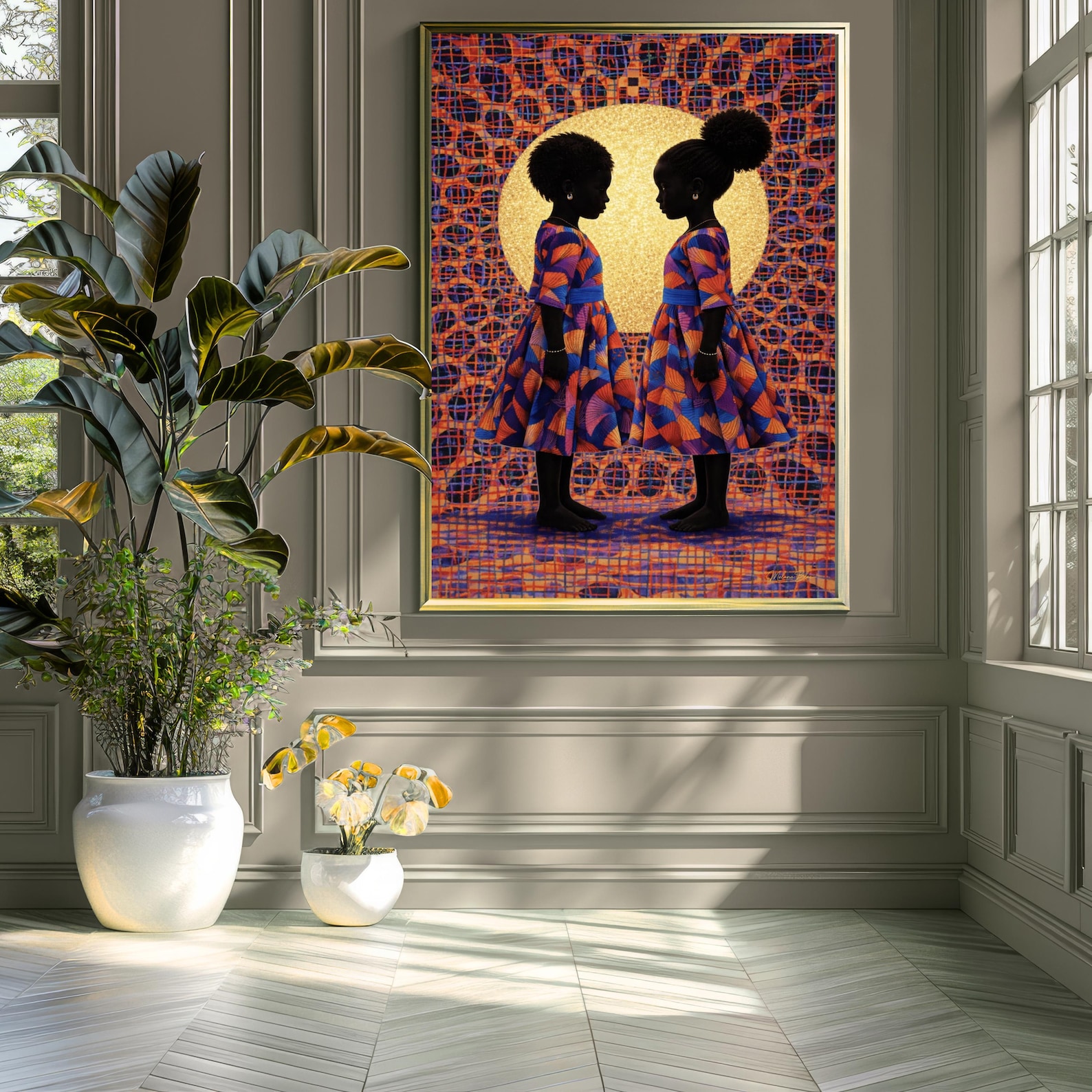 Black Sisterhood African American Wall Art - Blue Pink A3 11.7×16.5″ Golden Frame