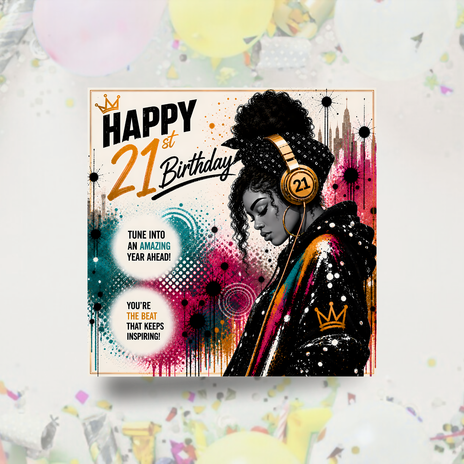 1 21st Birthday Card | Urban Queen Hip Hop Art Card for Her