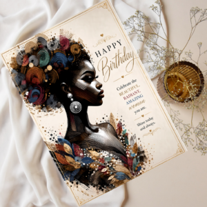 Luxury Black Woman Birthday Card with elegant Afrocentric design