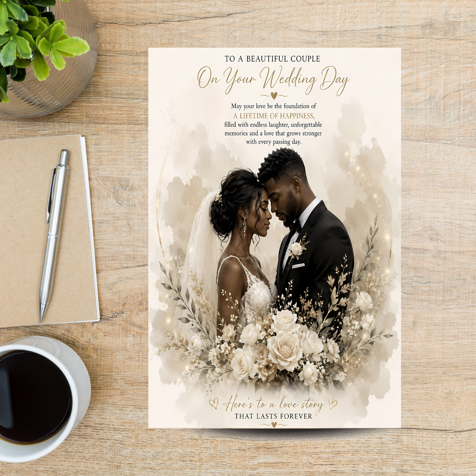 2 Black Couple Wedding Card: Bride & Groom Illustration